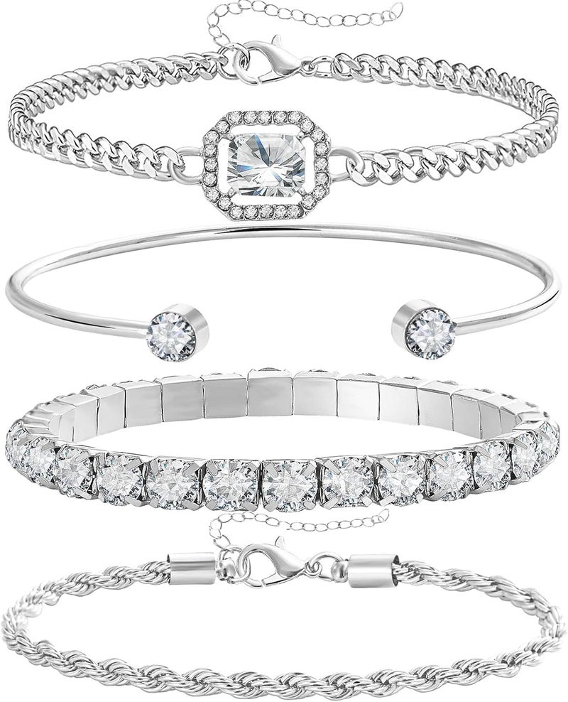 17IF 4 Pcs Dainty Gold Silver Bracelets Set for Women 14K Plated Link Cubic Zirconia Paperclip Stake Layering Chain Adjustable Trendy Hand Jewelry - Image 1